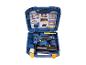 LIVARNO® PBS151 perslucht tacker/spijkerpistool in blauwe koffer met accessoires en instructies.