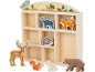 Houten bosdieren speelset met een displayrek en diverse dierenfiguren.