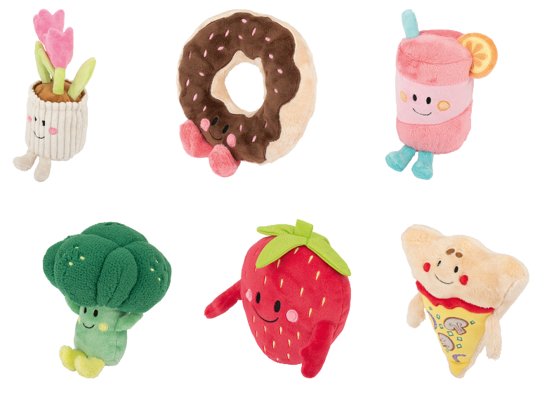 LUPILU® knuffels in de vorm van een bloem, donut, drankje, broccoli, aardbei en pizza.