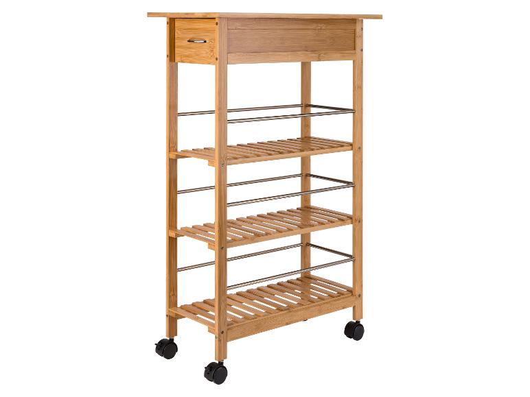 Bamboe keukenkar met vier planken, lade en wielen.