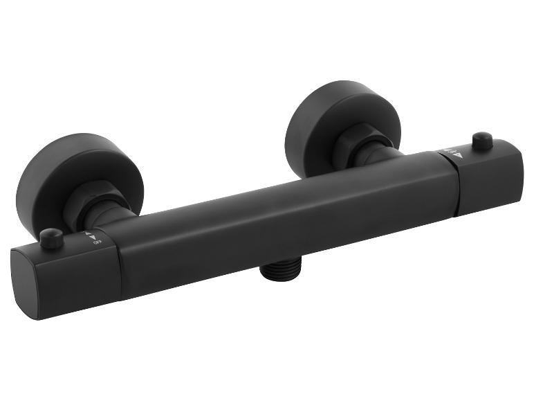 Zwarte douchemengkraan met twee hendels.