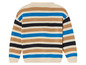 Een gestreept trui in beige, blauw en zwart.