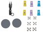 Een set met naaigerei, inclusief knippers, clips en knopen.