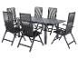 Buiten eethoek met een rechthoekige tafel en zes opvouwbare stoelen, alles in donkergrijs.