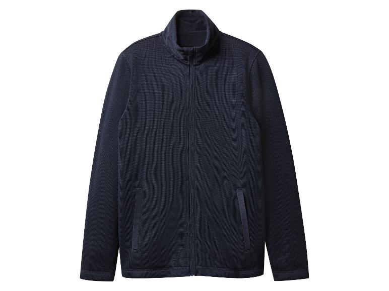 Donkerblauw jack met rits, hoge kraag en zijzakken.