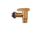 Gouden plastic kraan met zwarte moer en ring voor waterdispenser of vat.