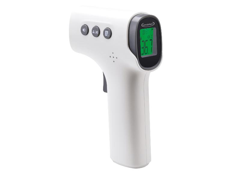 Contactloze digitale thermometer met groen display dat 36,7 °C toont.