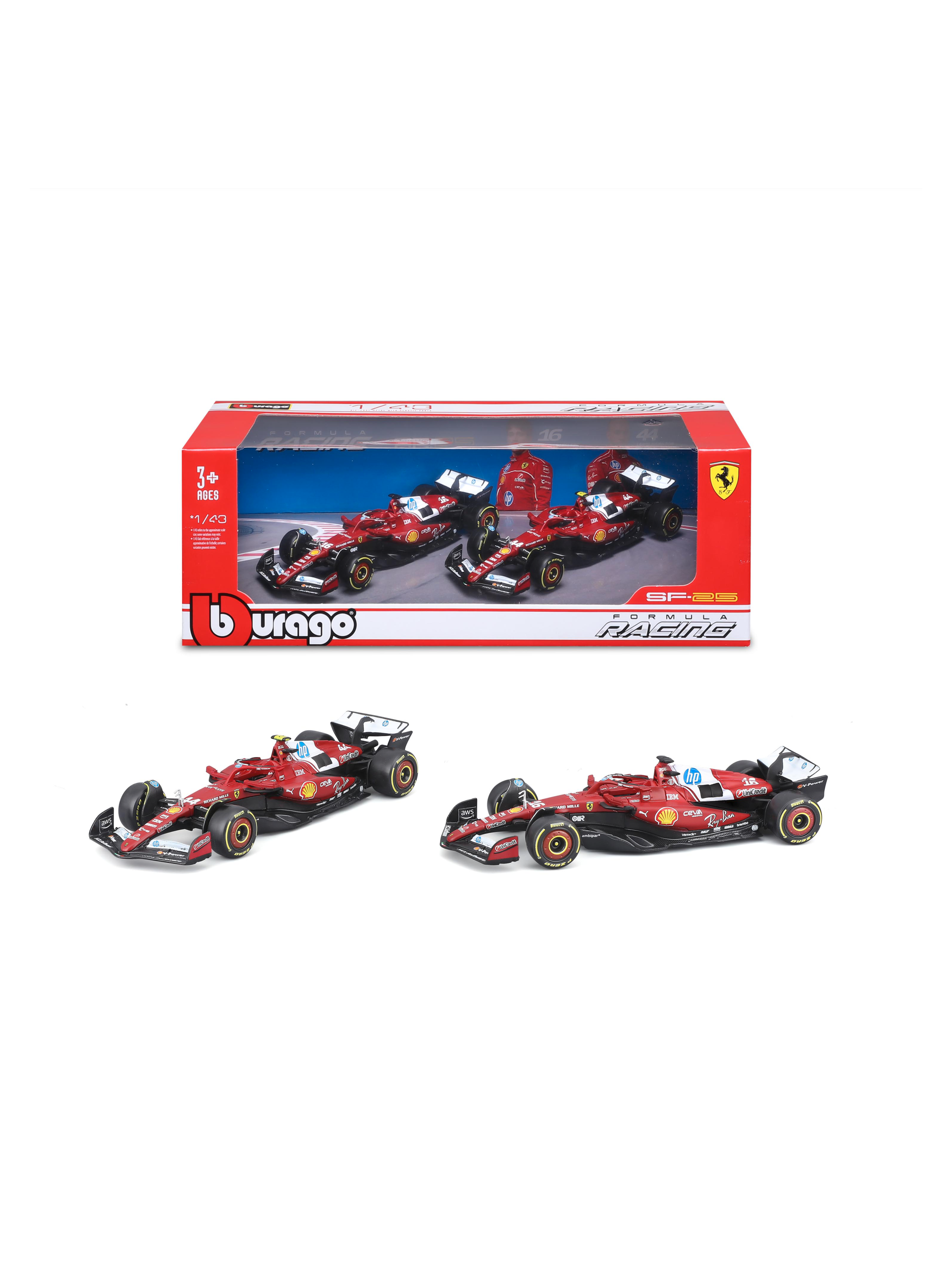 BBURAGO F1 modelauto Ferrari 2025 versie, 1:43, 2-delige set. (set van 2)