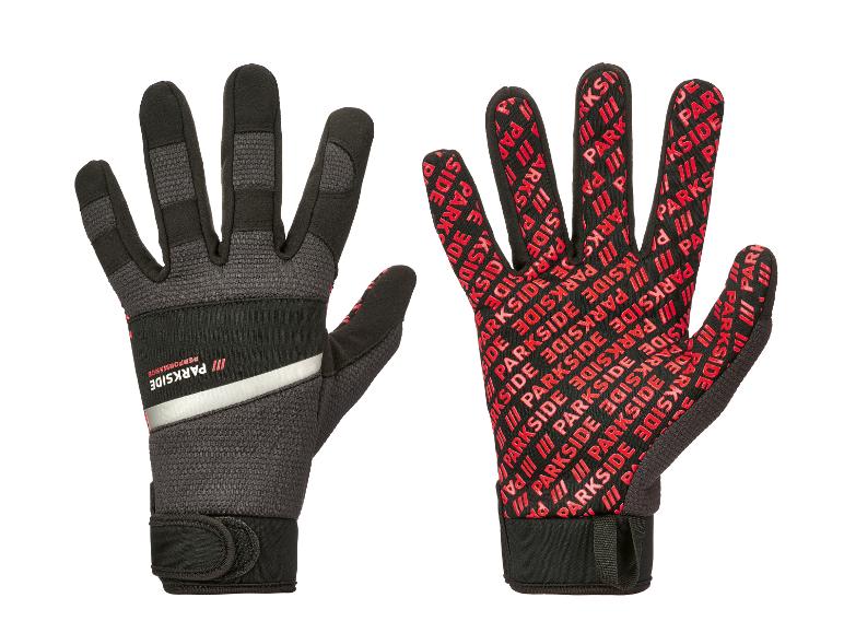 Parkside Performance werkhandschoenen in zwart en rood, voor- en achterkant.