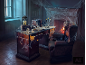 Halloween-thema studeerkamer met bureau, stoel, open haard en griezelige decoraties zoals schedels en spinnenwebben.