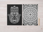 Twee zwarte kaarten met een Hamsa en een mandala ontwerp, klaar om in te kleuren met potloden.