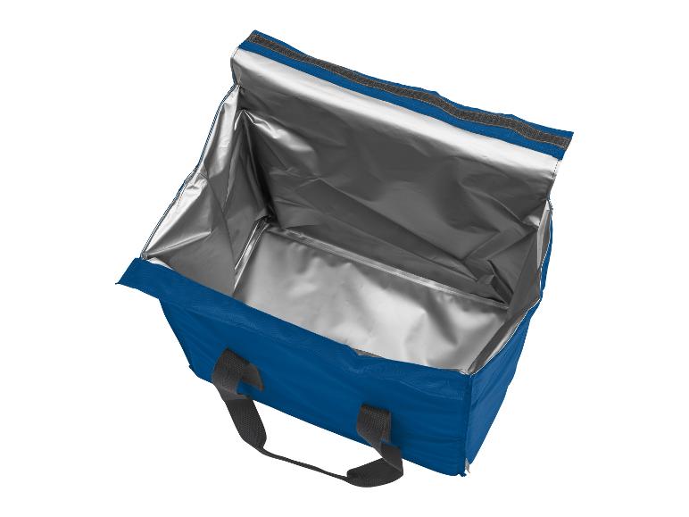 Blauwe isotherm tas met zilveren voering, perfect voor het vervoeren van eten of drinken.