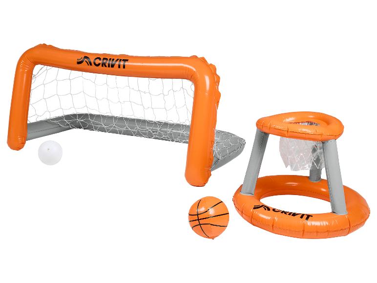 Opblaasbaar voetbaldoel en opblaasbare basketbalring met ballen