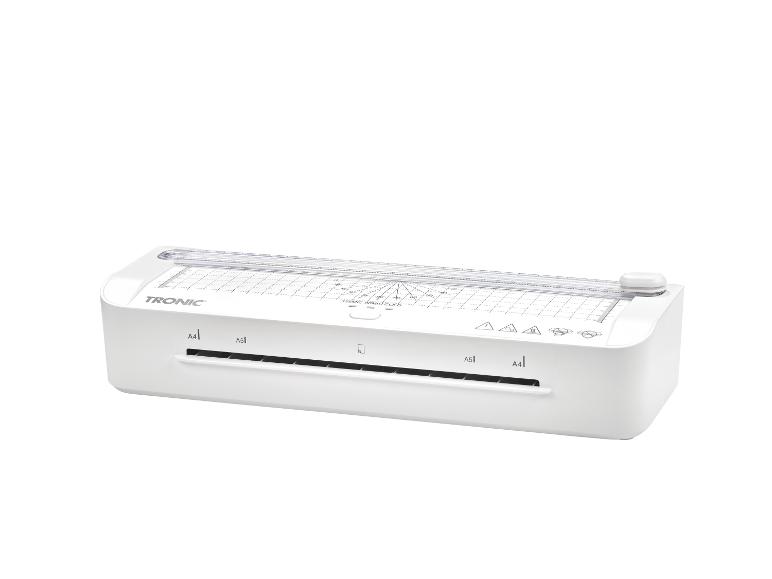Witte lamineermachine met papiersnijder, bovenaanzicht.