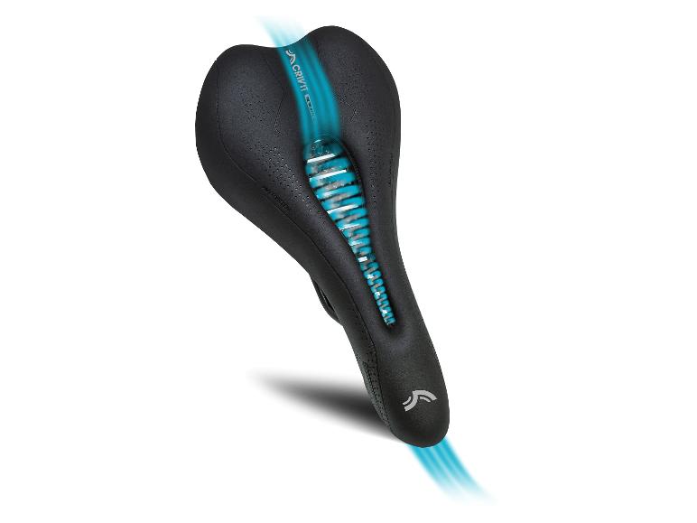 Zwart fietszadel met blauwe accenten en ventilatiesysteem