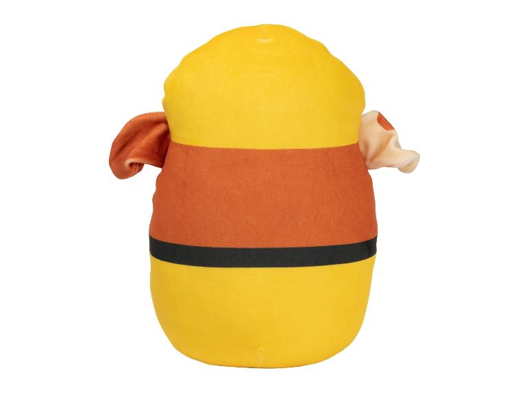 Een geel en oranje kussen met een zwart streepje