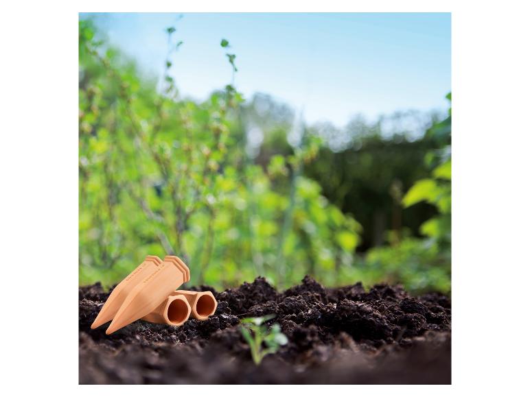 Twee terracotta plantenbewateraars liggen op de aarde in een tuin.
