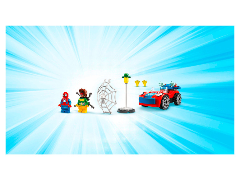 Lego Spider-Man minifiguren, een spinnenweb en een auto.