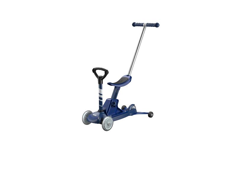 Blauwe 3-in-1 scooter met zitje en duwstang