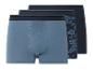 Drie heren boxershorts: effen blauw, effen donkerblauw en bloemenprint.