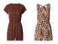 Twee dames jumpsuits: een bruine met korte mouwen en een beige met bruin patroon.