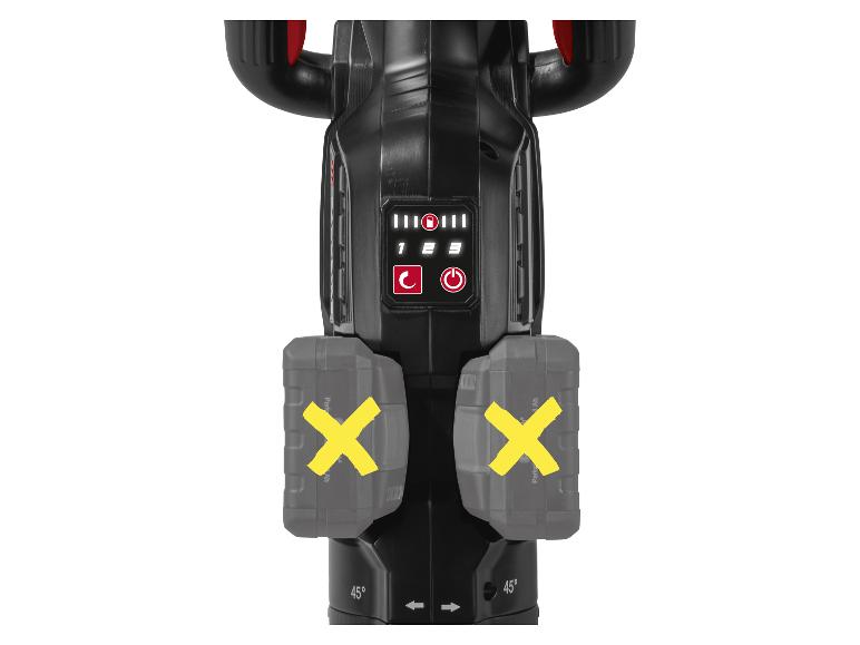 Detail van het bedieningspaneel en Parkside-batterijen met rode X-symbolen.