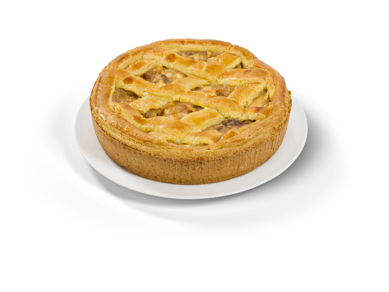 Goudbruine appeltaart met deegraster op een wit bord