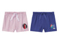 Twee paar roze en blauwe shorts met afbeeldingen van Ariel uit de Kleine Zeemeermin.
