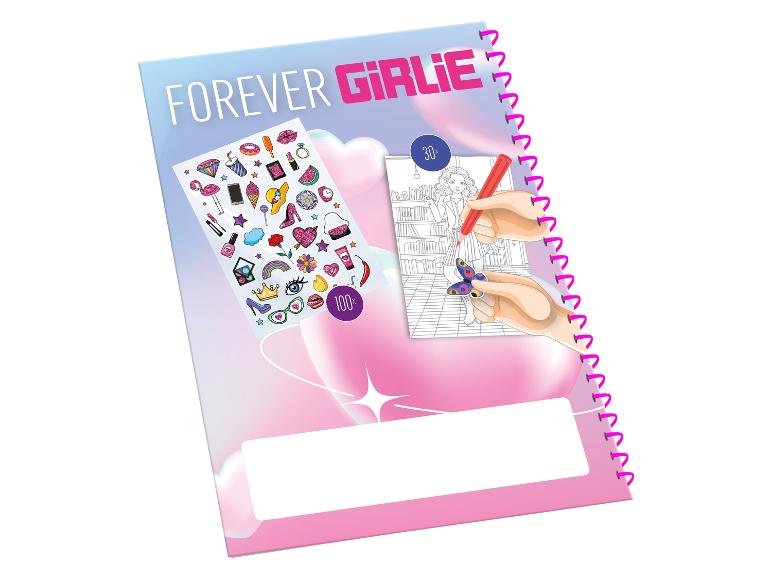 Forever Girlie kleurboek met stickers en een meisje dat een vlinder kleurt.