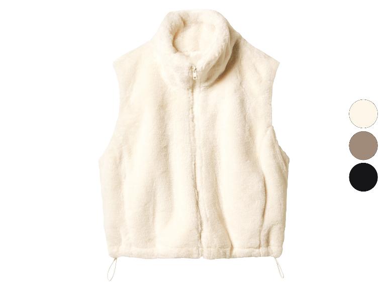 Crèmekleurig imitatiebont vest met rits en verstelbare zoom, getoond met kleuropties