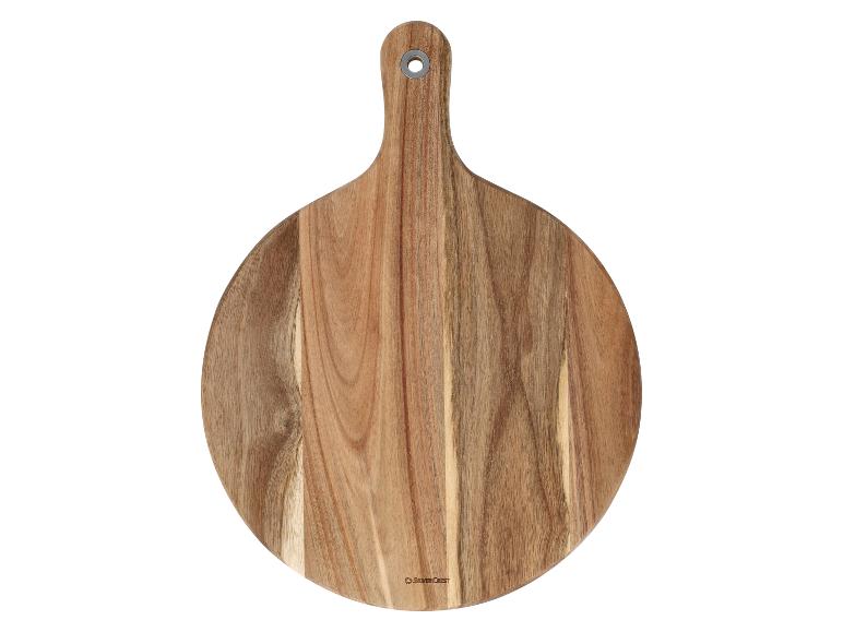 Ronde houten serveerplank met handvat en metalen oogje