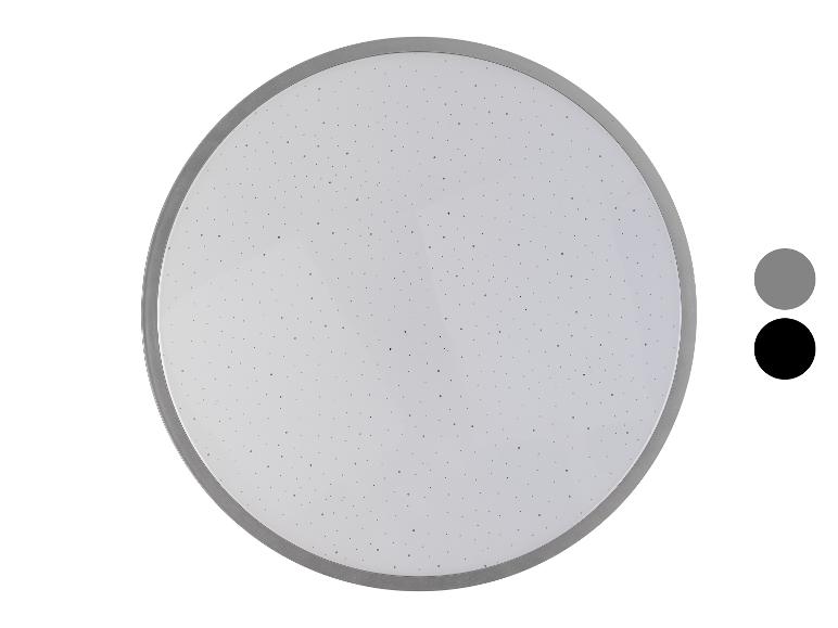 Ronde LED plafondlamp met sterrenhemel-effect, verkrijgbaar in grijs en zwart.