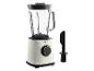 Crèmekleurige blender met zwarte details en spatel.