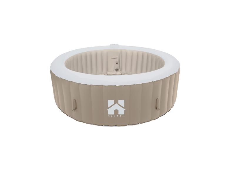 Beige ronde opblaasbare hot tub met witte rand en Splash-logo