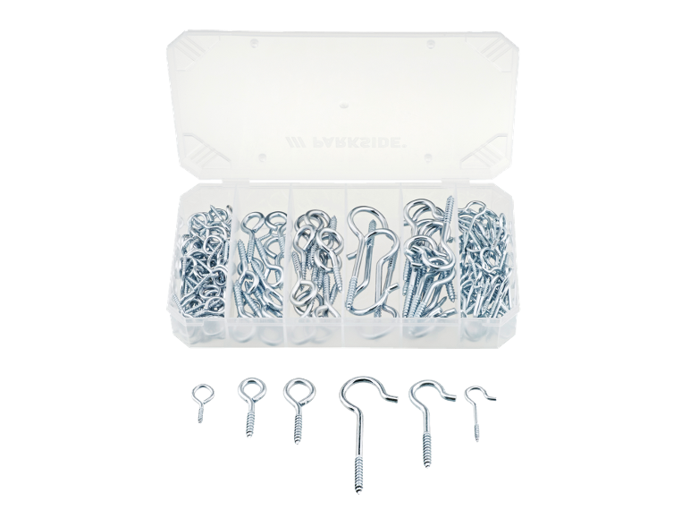 Set gegalvaniseerde schroefhaken en oogjes in transparante organizer met diverse maten