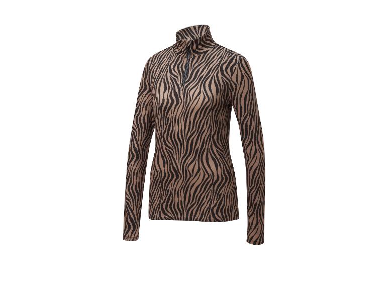 Shirt met lange mouwen met bruine en zwarte zebraprint, hoge kraag en rits.