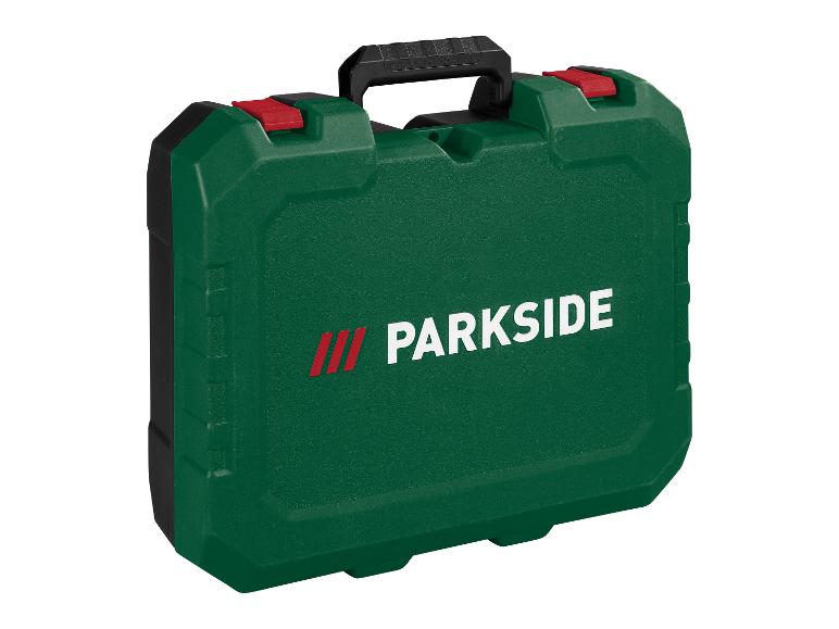 Groene gereedschapskist met zwarte handvatten en rode sluitingen, met de tekst 'PARKSIDE'