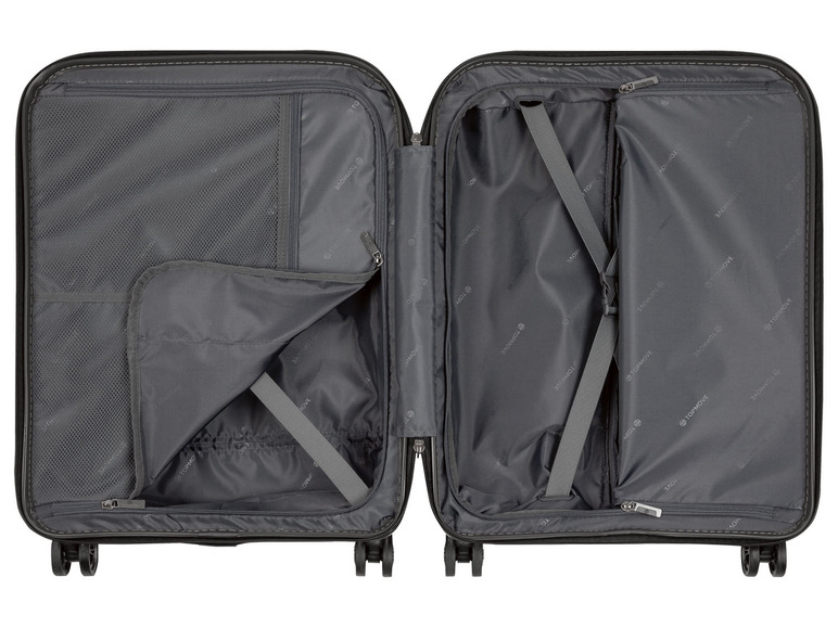 Een opengeklapt zwarte Topmove koffer met vakken en riemen.