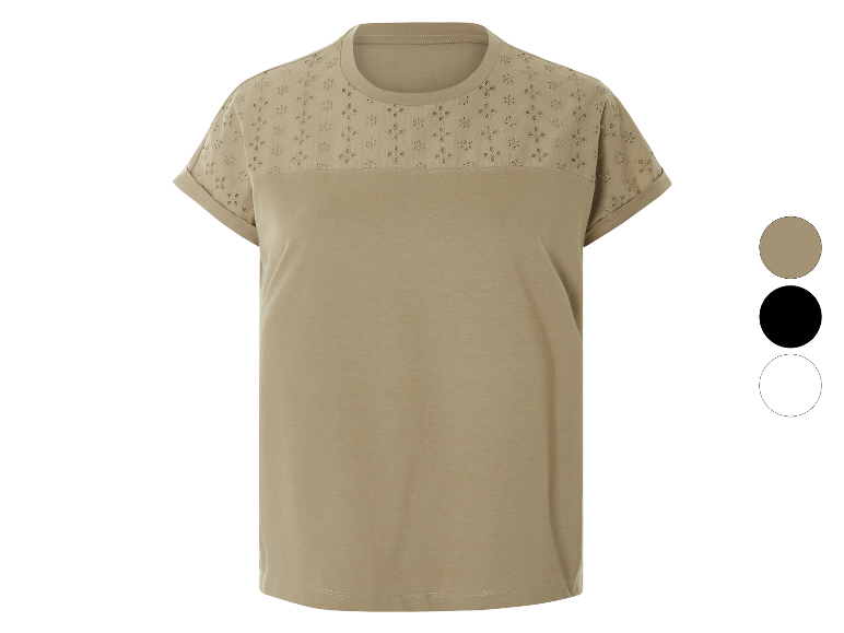 Beige t-shirt met korte mouwen en geborduurde bovenkant.