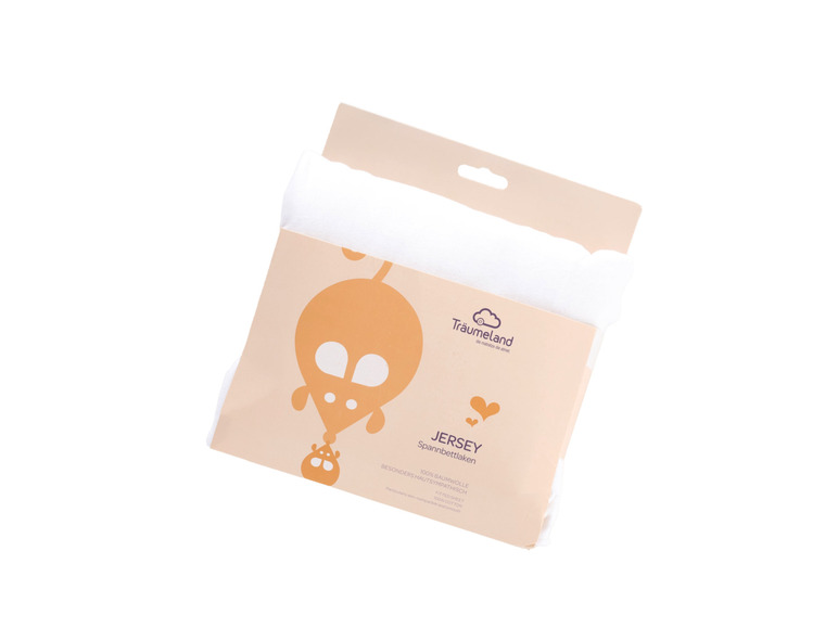 Een verpakking van Träumeland Jersey Spannbettlaken, gemaakt van 100% katoen.