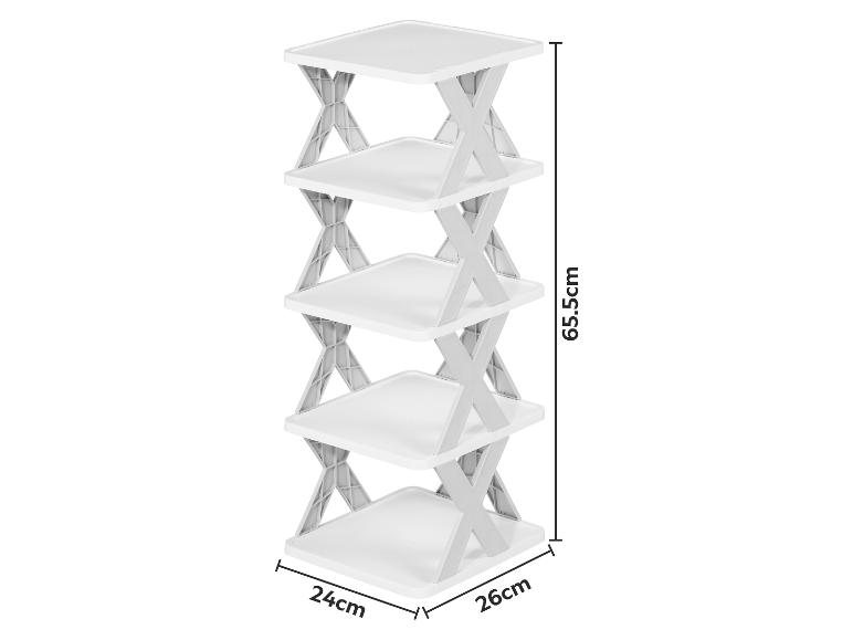 Wit 5-laags opbergrek met afmetingen van 65,5 cm hoog, 24 cm diep en 26 cm breed.