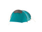Een turquoise tent met gele details.