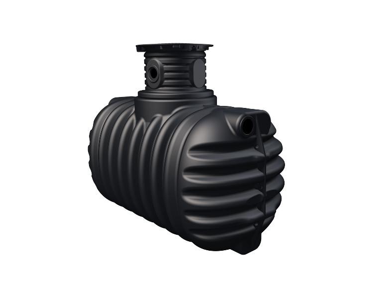 Horizontale zwarte tank voor regenwater of afvalwater, met een bovenaansluiting.