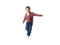 Lachend klein meisje in rood vest, wit T-shirt en blauwe jeans