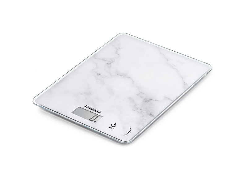 Witte keukenweegschaal met marmerpatroon, digitaal display en aanraakknoppen.