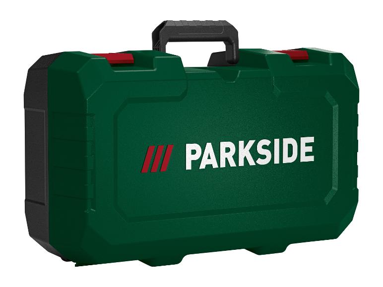 Groene Parkside gereedschapskist met zwarte handvatten en rode sluitingen.