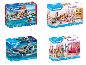 Vier dozen PLAYMOBIL-bouwspeelgoedsets met verschillende thema's.