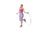 Vrouw in fuchsia sporttop en bedrukte legging touwtjespringend