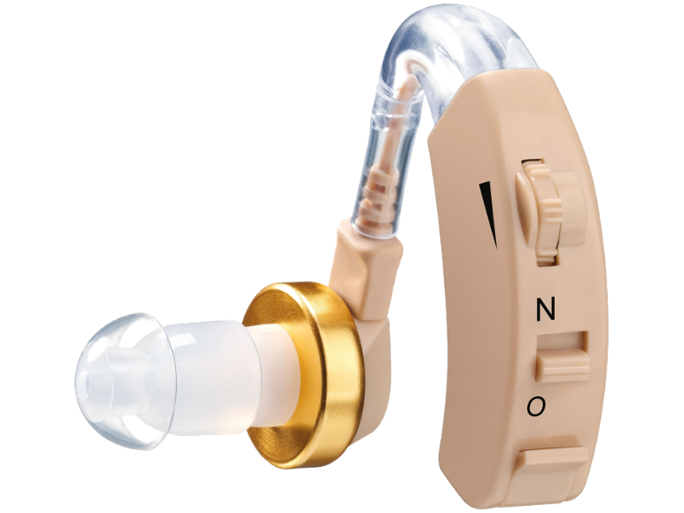 Beige achter-het-oor hoortoestel met een gouden detail en siliconen tipje.