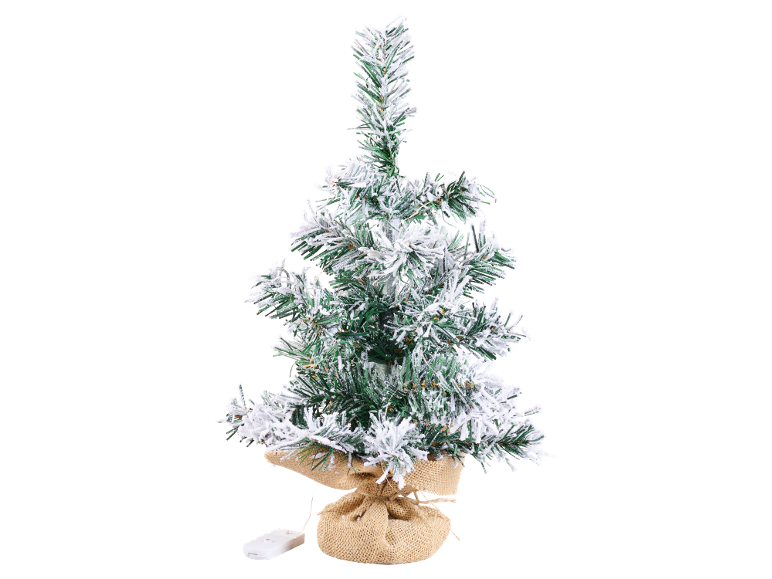 Kleine kunstkerstboom met sneeuweffect en jute voet
